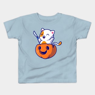 Cute Cat Holding Knife In Pumpkin Helloween Cartoon Kids T-Shirt